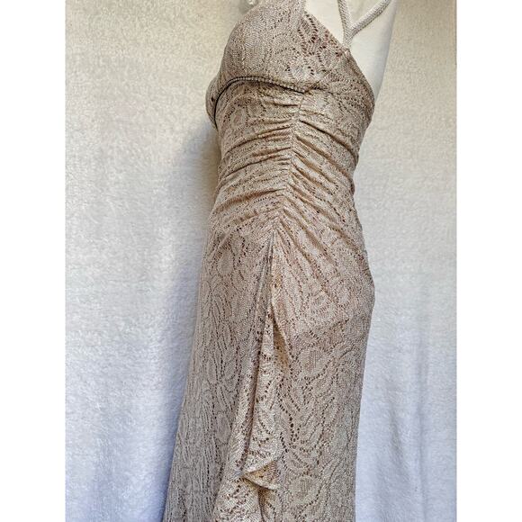 Vintage 90's Cach'e Gold Sparkly Halter Side Ruffle Maxi Dress Women's Small 4 - Picture 7 of 13